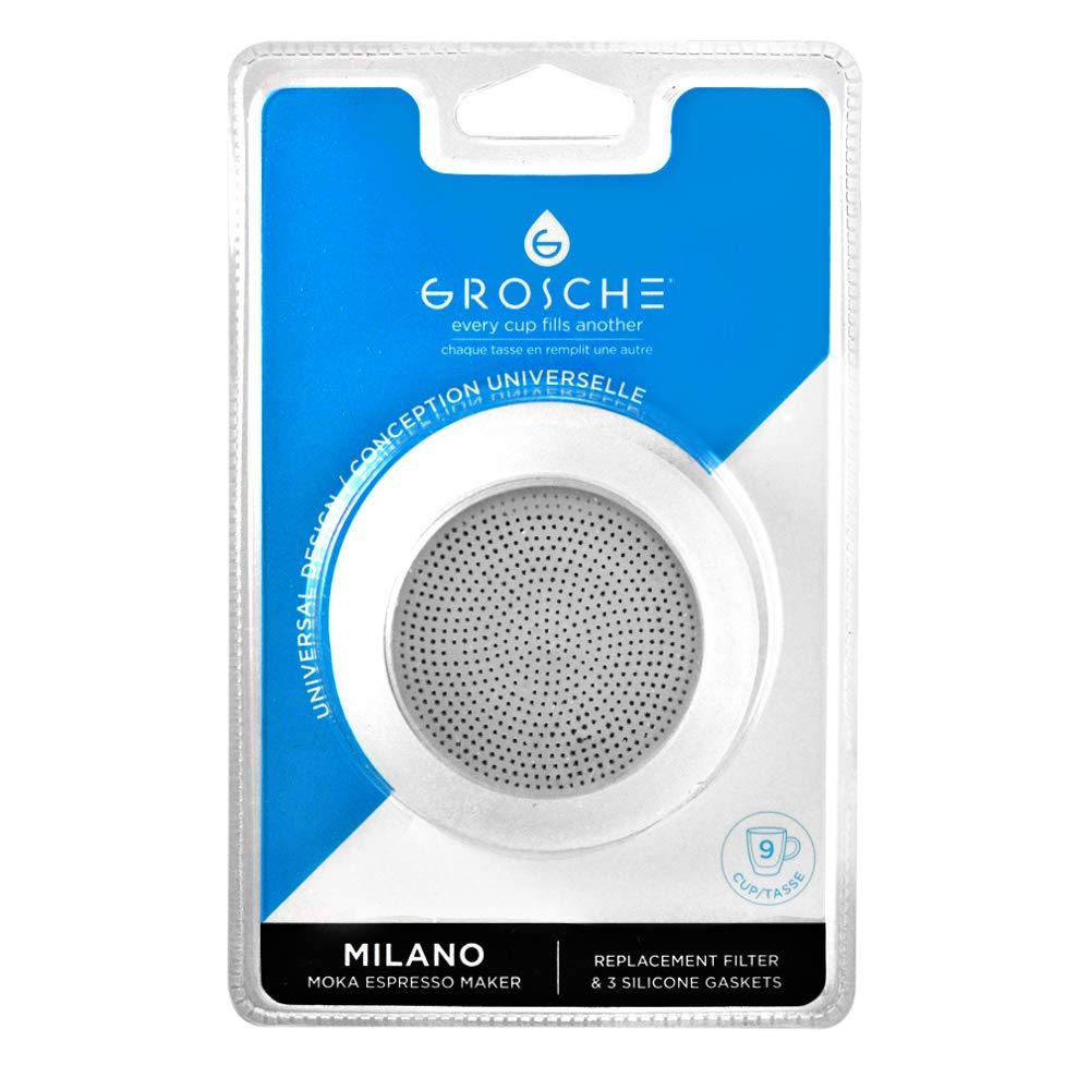 GROSCHE Milano Stovetop Espresso Maker Replacement - 9 Espresso Cup Size Silicone Gasket Seals (3 Seals) & 1 Replacement Filter Screen Kit for Moka Pots