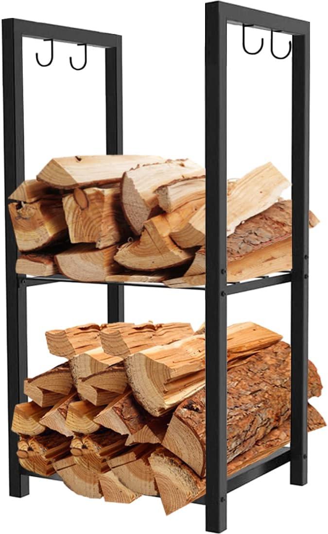 Artibear Small Firewood Rack Holder, 2-Tier Fire Wood Log Storage Stacker Stand 16", Outdoor and Indoor, Black