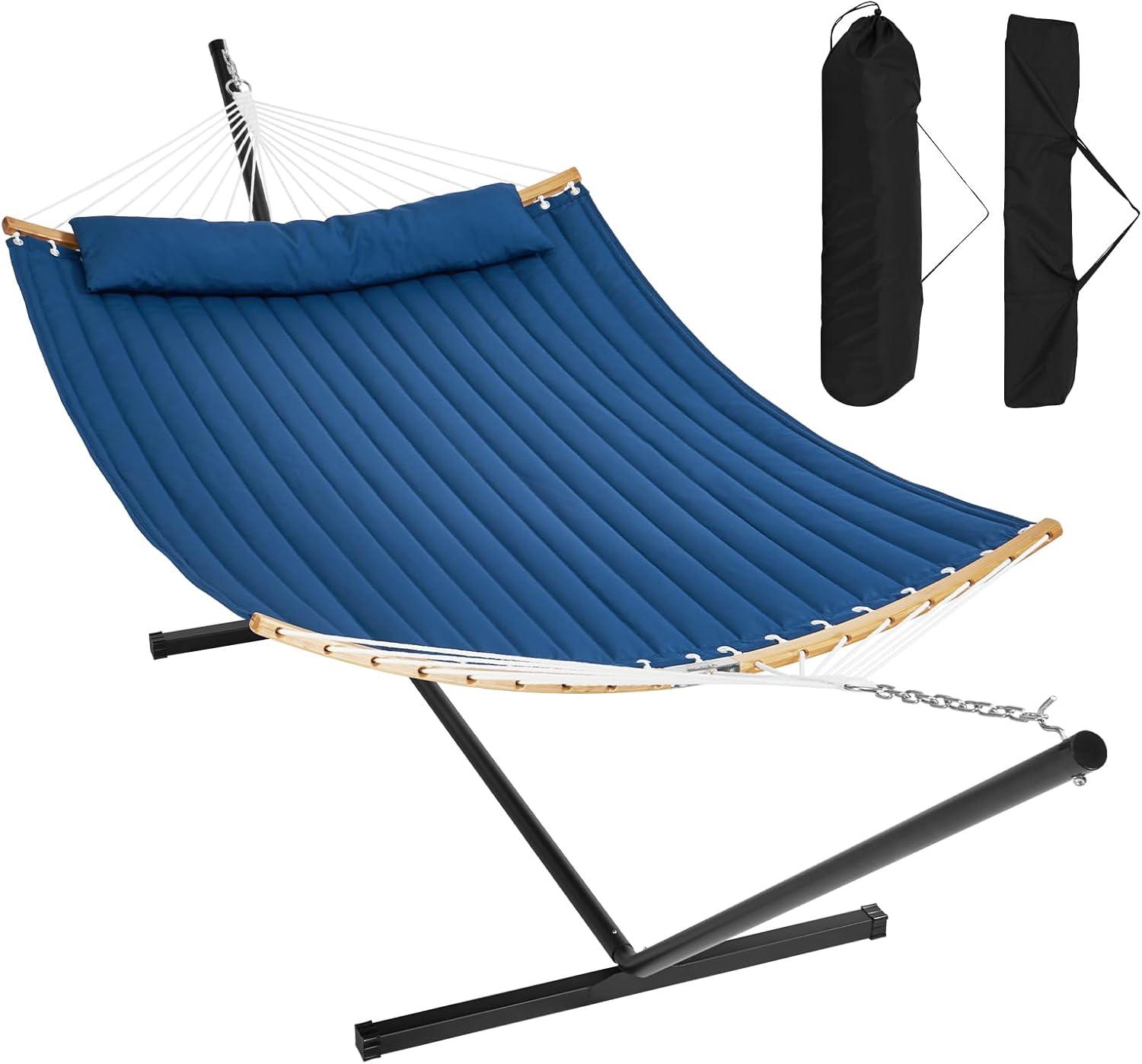 Blue Quilted Fabric Double Hammock with Stand and Pillow