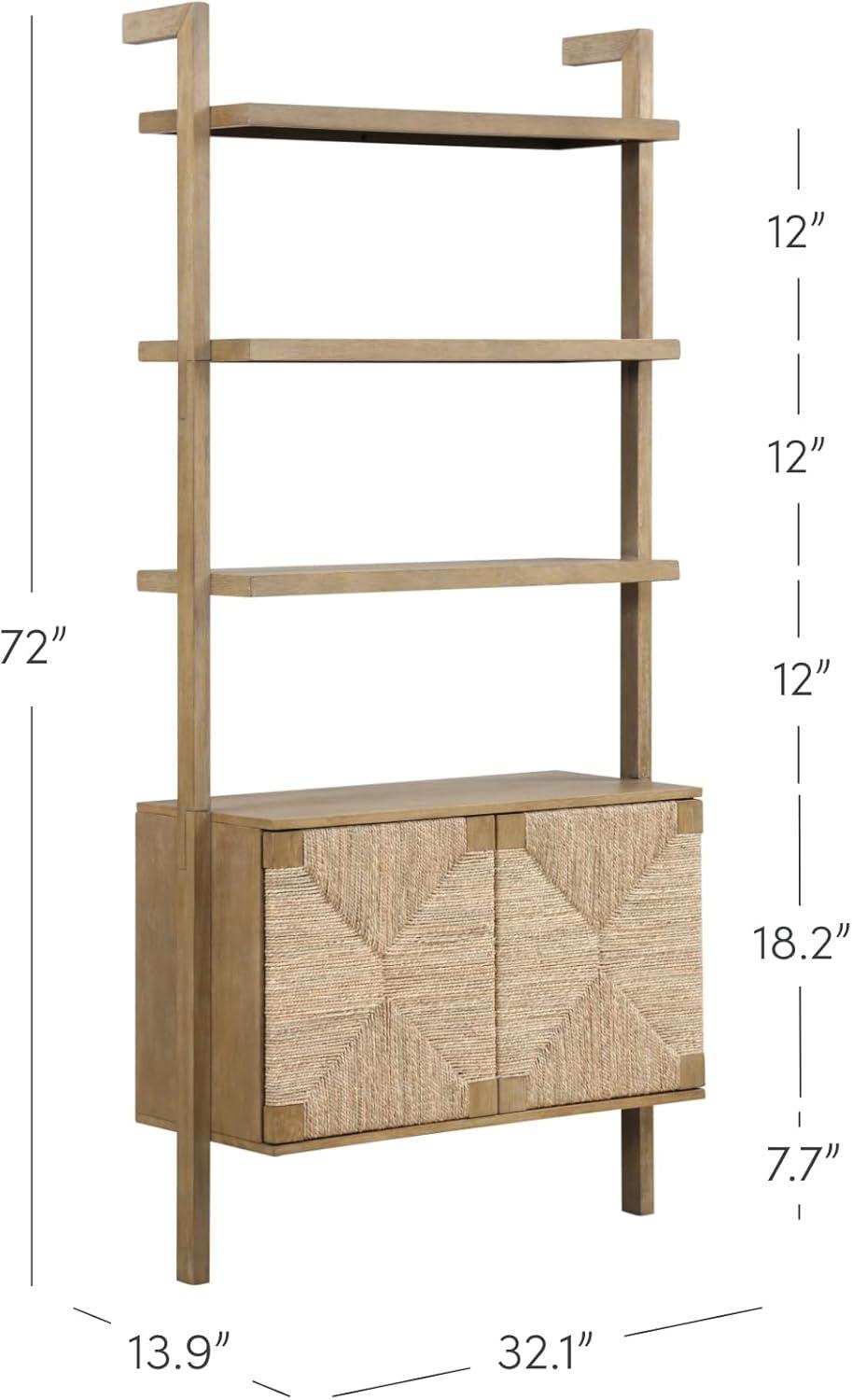 Brown Wood 3-Shelf Bookcase with Seagrass Doors