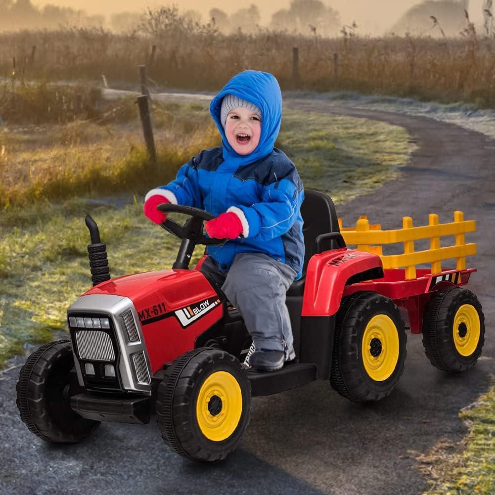 Red 12V Kids Electric Tractor with Remote Control and Trailer