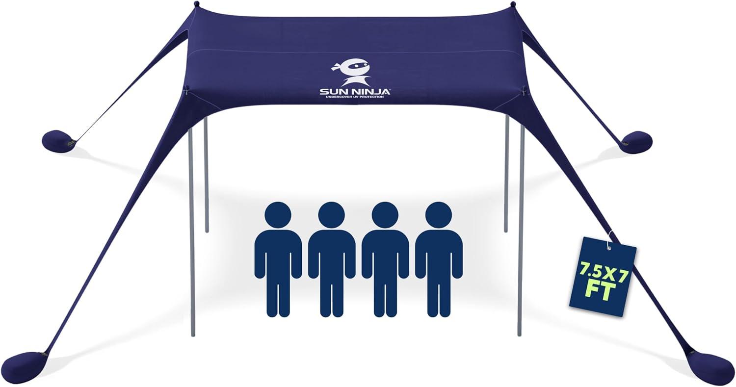 SUN NINJA 7x7.5 FT Pop-Up Beach Tent with Sand Shovel, Pegs & Stability Poles – Navy Blue Sun Shelter for Beach, Camping & Outdoor Use
