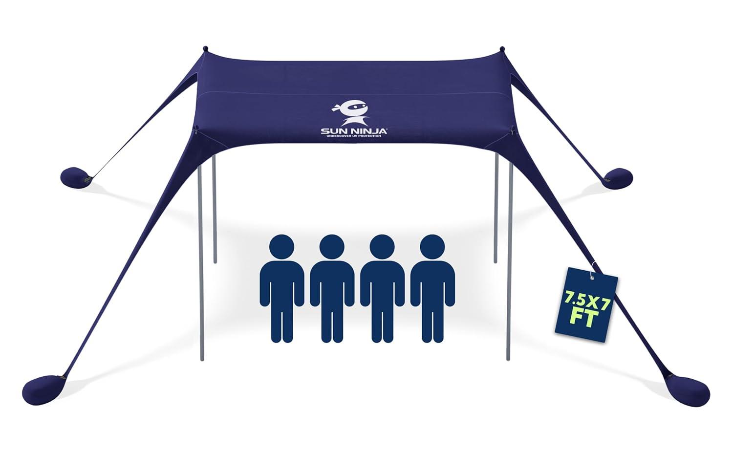 SUN NINJA 7x7.5 FT Pop-Up Beach Tent with Sand Shovel, Pegs & Stability Poles – Navy Blue Sun Shelter for Beach, Camping & Outdoor Use