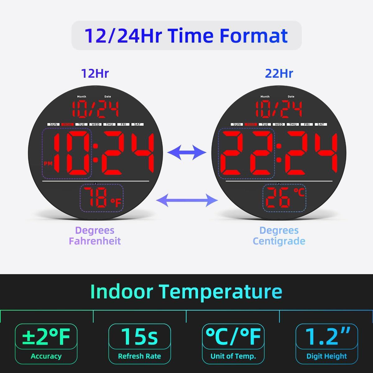 Large Black LED Digital Wall Clock with Temperature Display