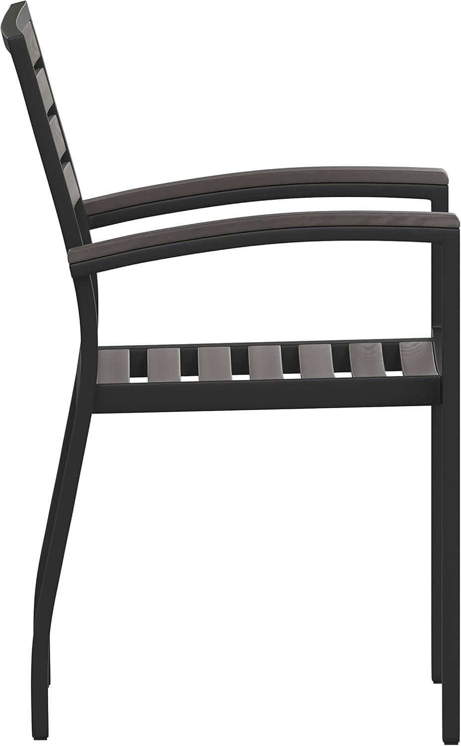 Flash Furniture 2 Pack All-Weather Black Aluminum Patio Stack Chairs - Gray Wash Faux Teak Slats
