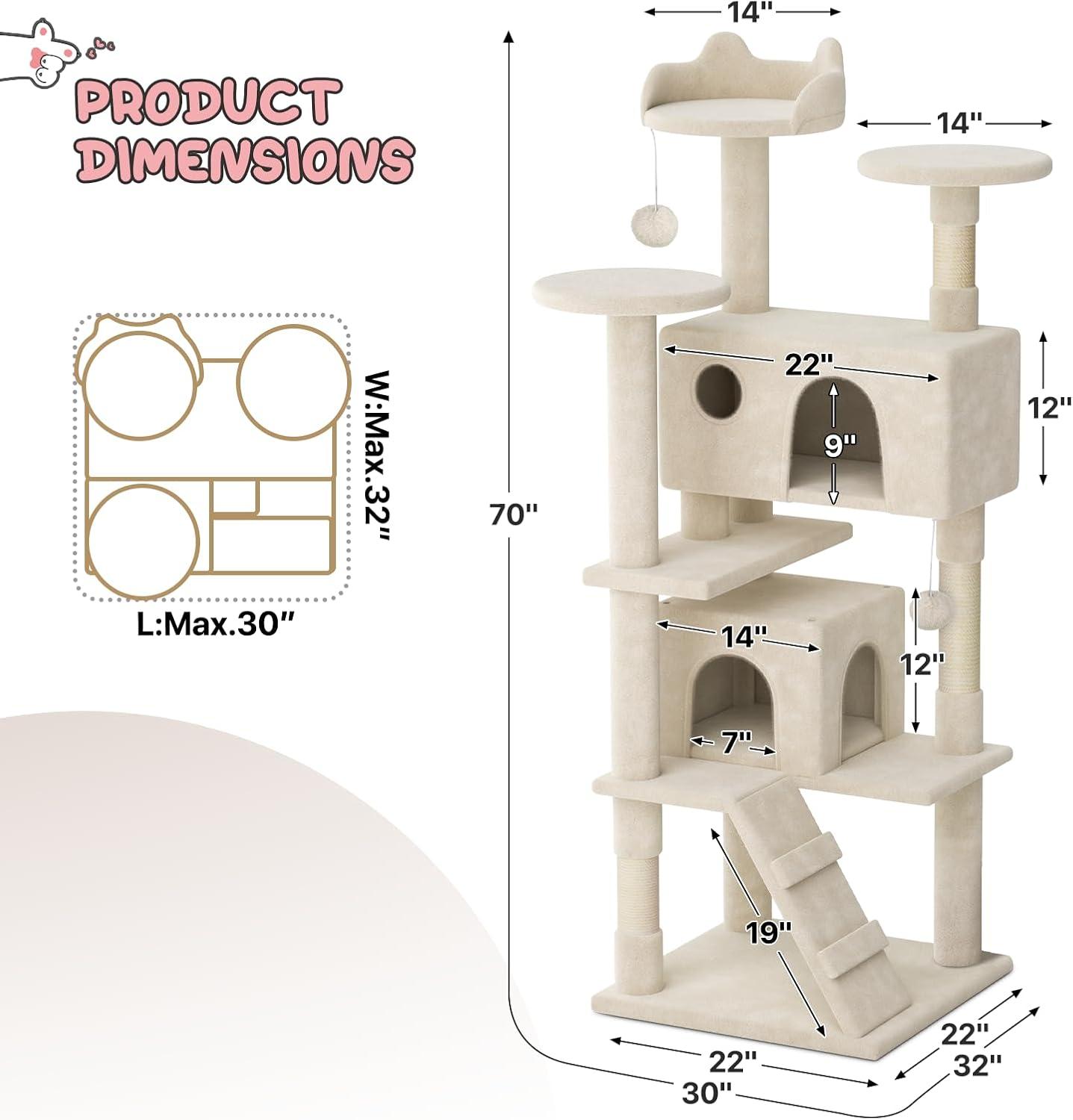 MoNiBloom Cat Tree Houses for Indoors, Multi-Level Cat Tree Tower, 70" Height（Beige）