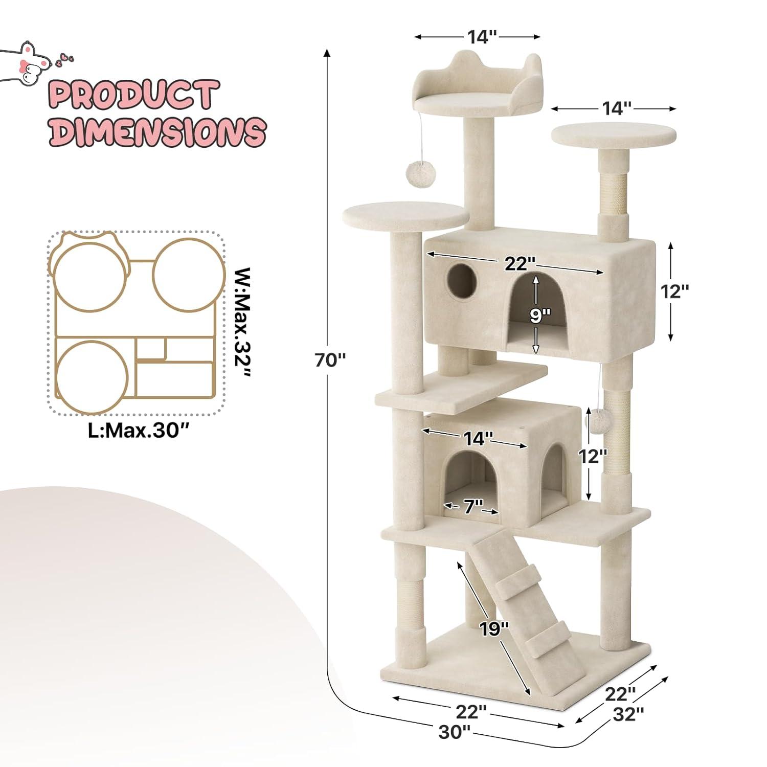 MoNiBloom Cat Tree Houses for Indoors, Multi-Level Cat Tree Tower, 70" Height（Beige）