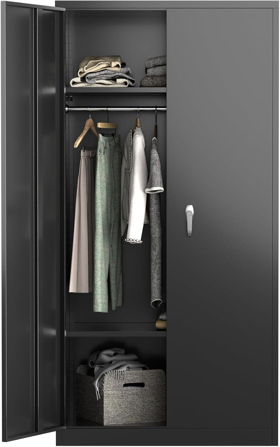 AOBABO Large Metal Wardrobe Style Storage Cabinet with 3 Adjustable Shelves, Cloth Rail, and Lockable Doors for Home Organization