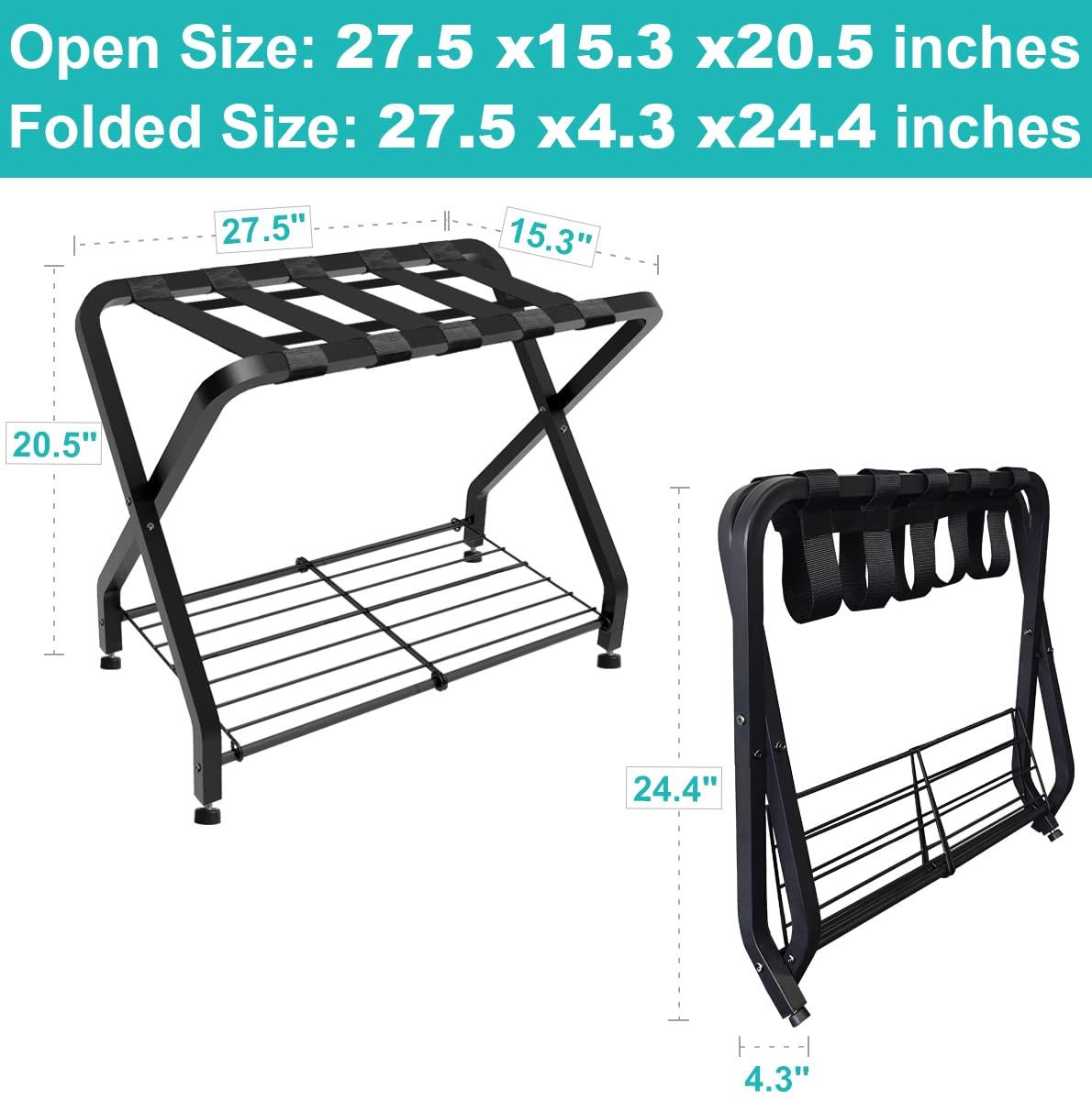 BINO Folding Luggage Rack With 2-Tiers Storage Shelf, Foldable Steel Frame Luggage Organizers For Suitcase, Metal Luggage Holder For Guest Room, Bedroom, Hotel, Closet, Black, 1Pack
