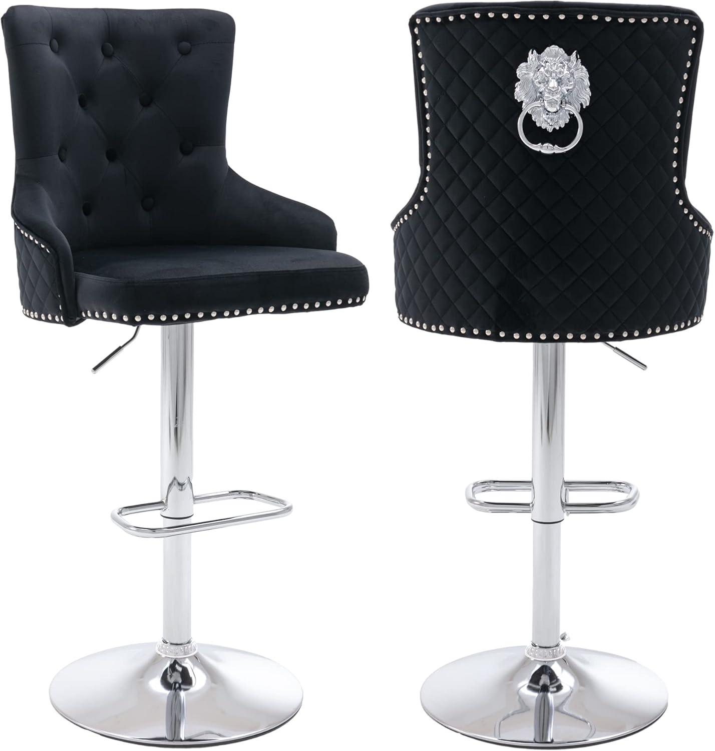 Swivel Velvet Bar Stools Set of 2,Counter Height Bar Chairs with Button Decor, Nailhead Trim and High Back,Modern Upholstered Bar Stools for Kitchen, Cafe, Pub,Black