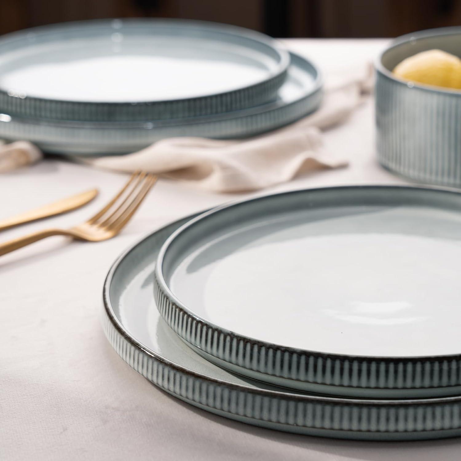 Famiware Star Stoneware Dinnerware Sets, Plates and Bowls Set for 4, 12 Piece Dish Set, Smoky Blue