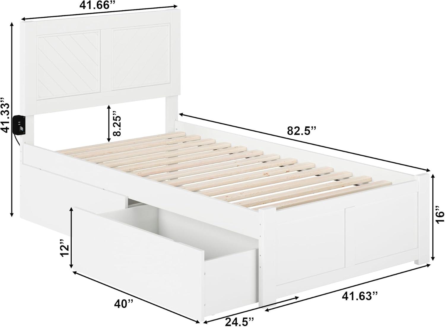 White Twin XL Wood Platform Bed with Chevron Headboard and Storage Drawers