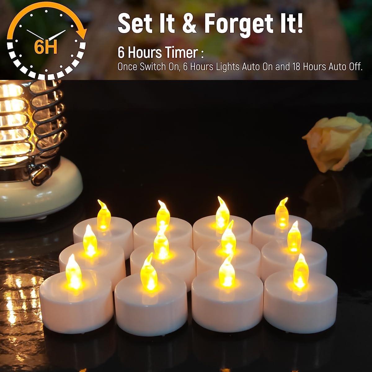 Yellow Flameless LED Tealight Candles with Timer, 12-Pack