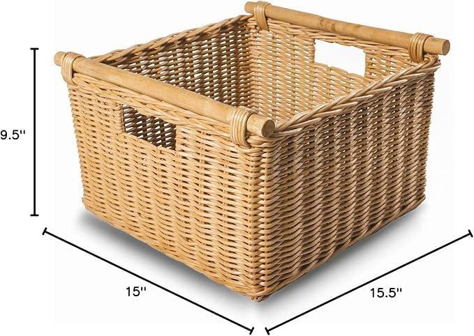 Drevy Deep Pole Handle Wicker Storage Basket, Large, 15 in L x 15.5 in W x 9.5 in H, Sandstone