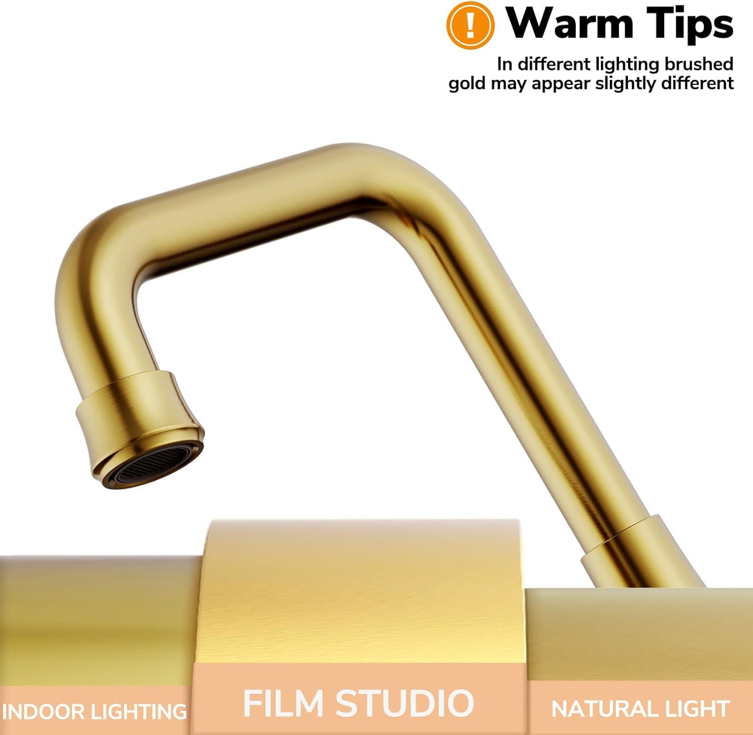 Bathroom Sink Faucet, Hurran 4 inch Brushed Gold Bathroom Faucets for Sink 3 Hole with Pop-up Drain and Supply Hoses, 360 Swivel Spout 2-Handle Centerset Faucet for Vanity RV Farmhouse