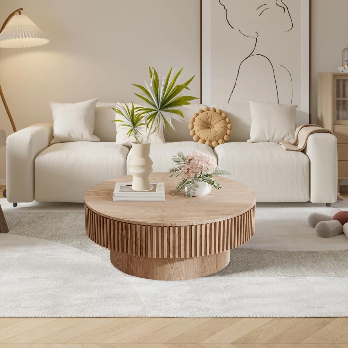 HomVent 31.5'' Round Coffee Table with Storage, Modern Wooden Coffee Table with Solid Wood Veneered, Circle Center Table Accent Tea Table for Living Room, Small Space, Apartment