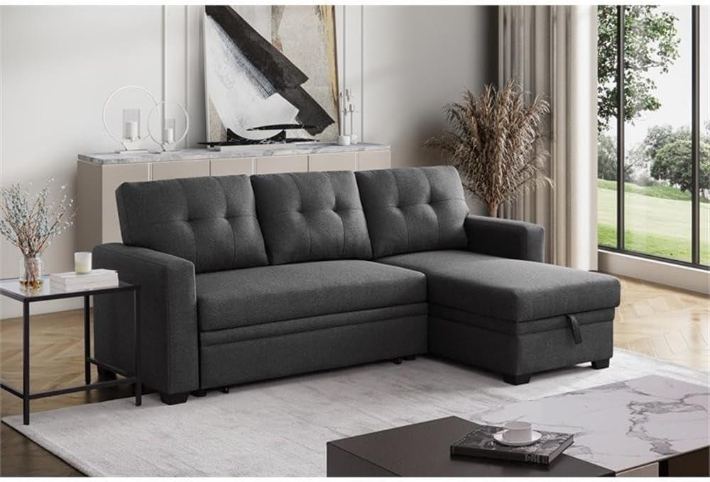 Gray Tufted Fabric Sectional Sofa with Storage and Track Arms