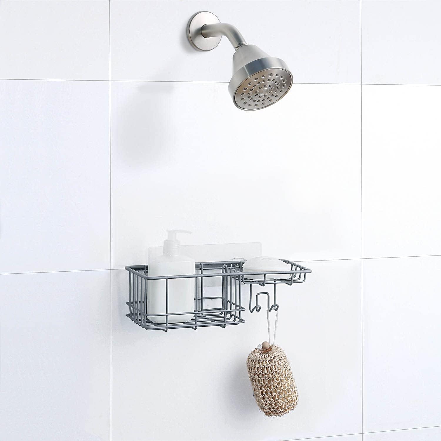 Grey Metal Wall Mounted Shower Caddy with Hooks