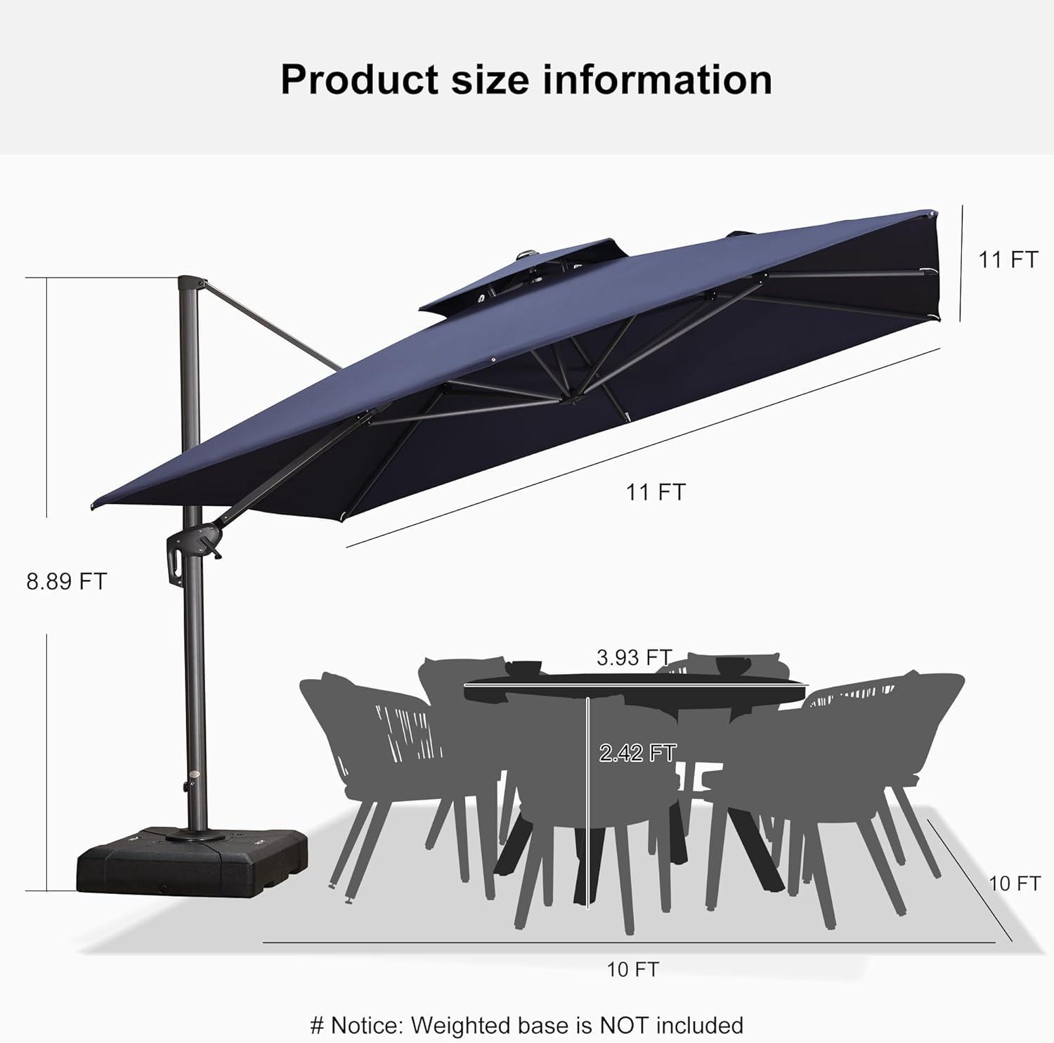 PURPLE LEAF 11FT Cantilever Outdoor Umbrellas Large Patio Umbrella Hanging Double Top Square Offset Umbrella with 360°Rotation Tilting Umbrella Outdoor Patio, Navy Blue