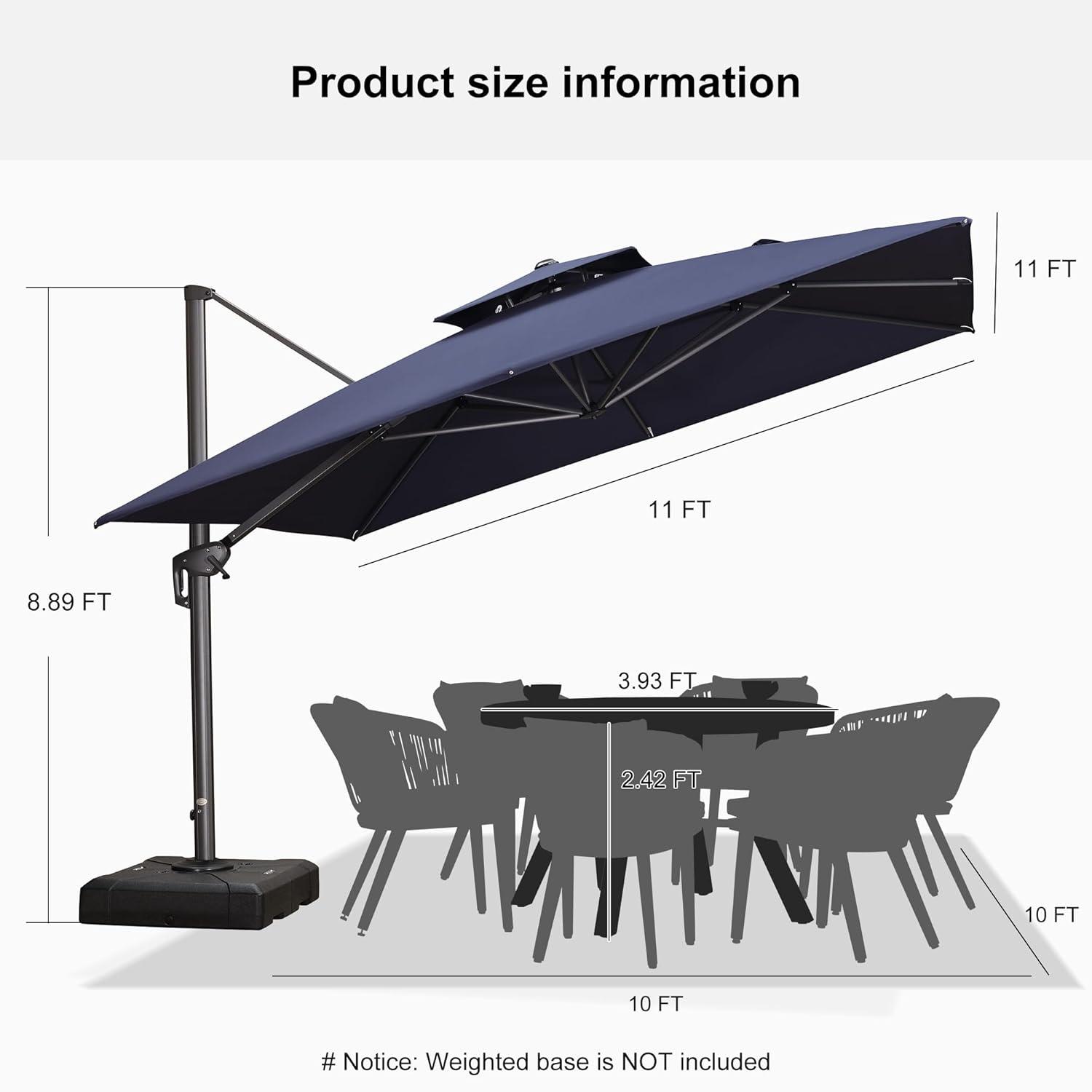 PURPLE LEAF 11FT Cantilever Outdoor Umbrellas Large Patio Umbrella Hanging Double Top Square Offset Umbrella with 360°Rotation Tilting Umbrella Outdoor Patio, Navy Blue