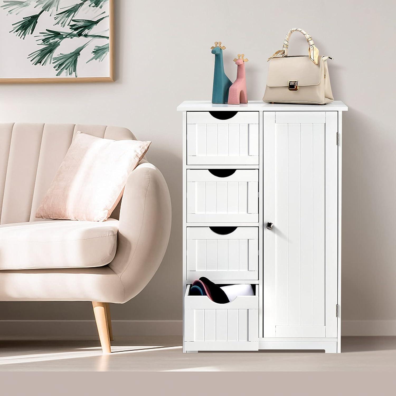 Bonnlo Small Storage Cabinet Wooden Bathroom Floor Cabinet Small Space Furniture White Side Storage Organizer with 4 Drawers and 1 Cupboard Adjustable Shelf 22" W x 11.8" D x 32.3" H