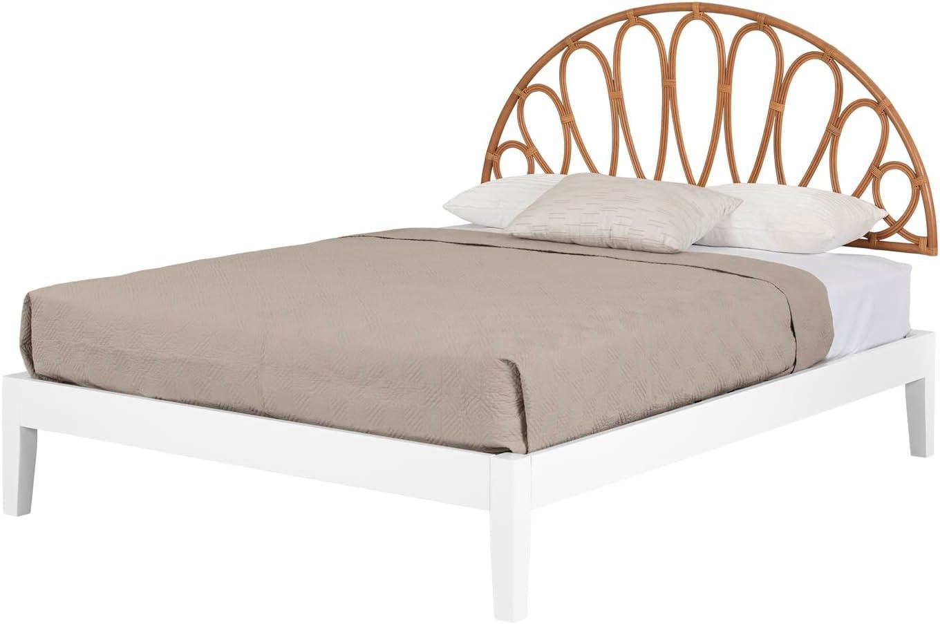 South Shore Hoya Queen Wooden Bed And Rattan Wall-Mounted Flower Petals Headboard Set