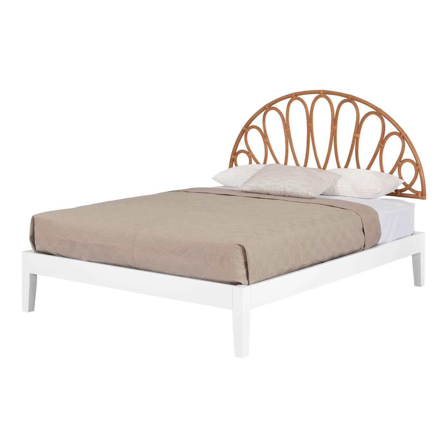 South Shore Hoya Queen Wooden Bed And Rattan Wall-Mounted Flower Petals Headboard Set