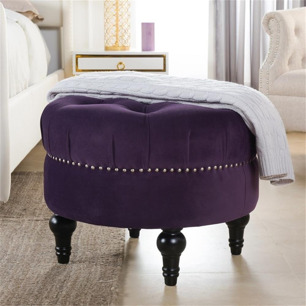 Purple Velvet Tufted Round Ottoman with Nailhead Accents