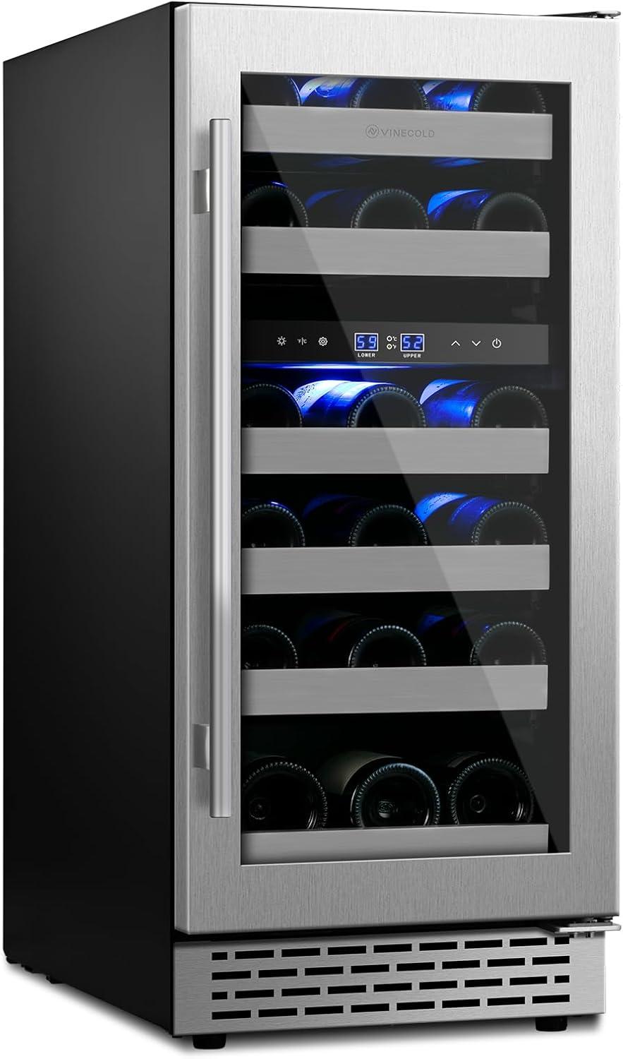 15" Wine Cooler Refrigerator Dual Zone 28 Bottle Capacity, Seamless Reversible Doors, Shelves Stainless Steel Edged, Built-in or Freestanding Wine Fright for Home and Kitchen