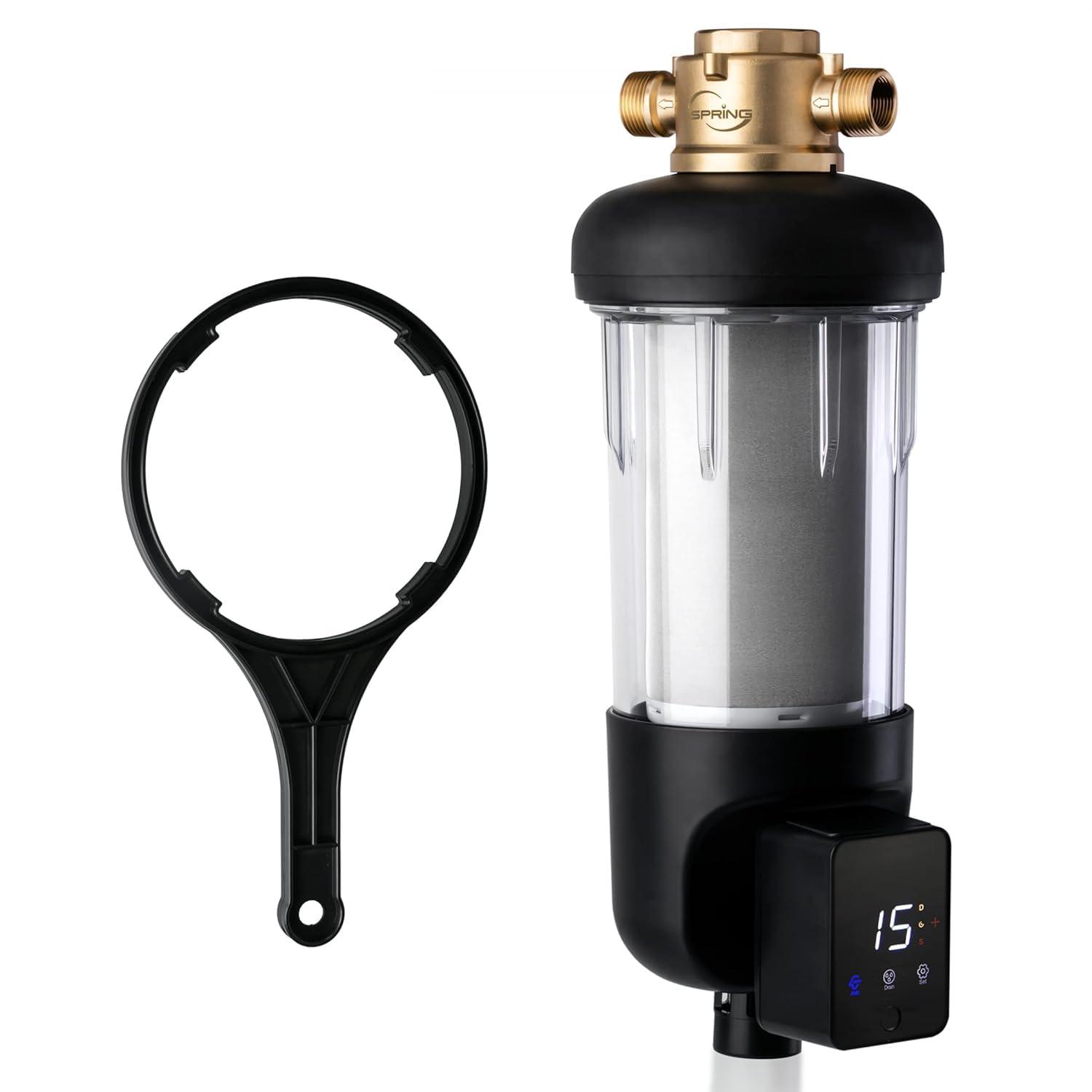 iSpring WSPARJ, NSF Certified, Spin-Down Sediment Water Filter, Upgraded Jumbo Size, Large Capacity, Reusable with Touch-Screen Auto Flushing Module, Brass Top Clear Housing, 50 Microns