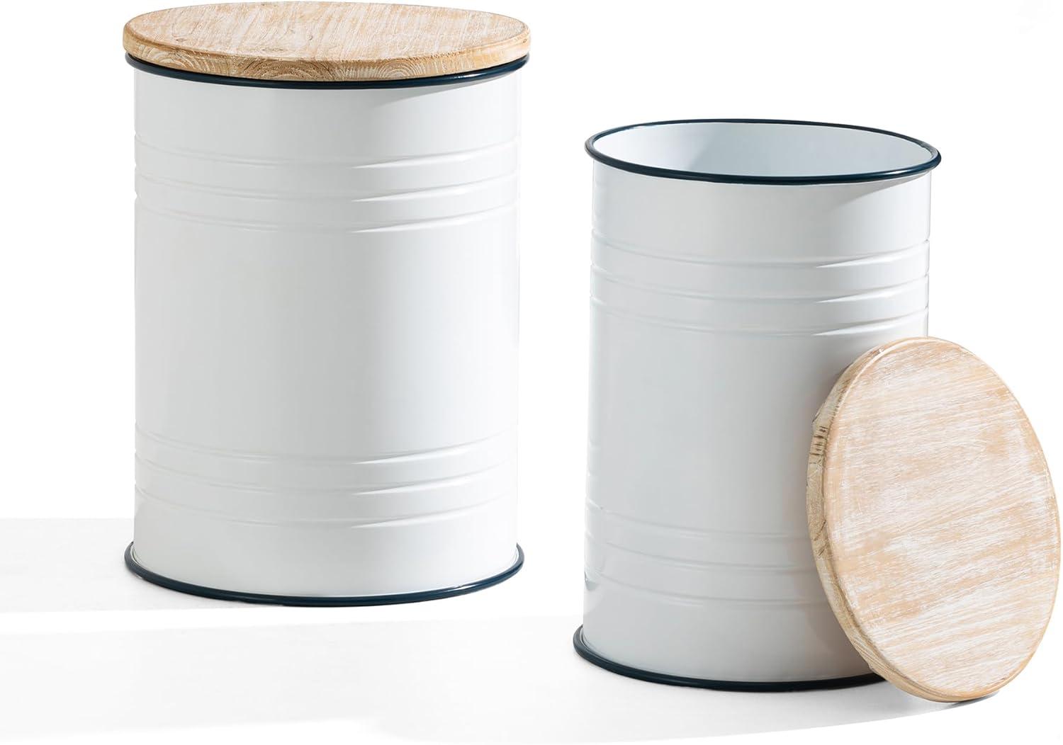 White Metal and Wood Farmhouse Storage Accent Stools, Set of 2