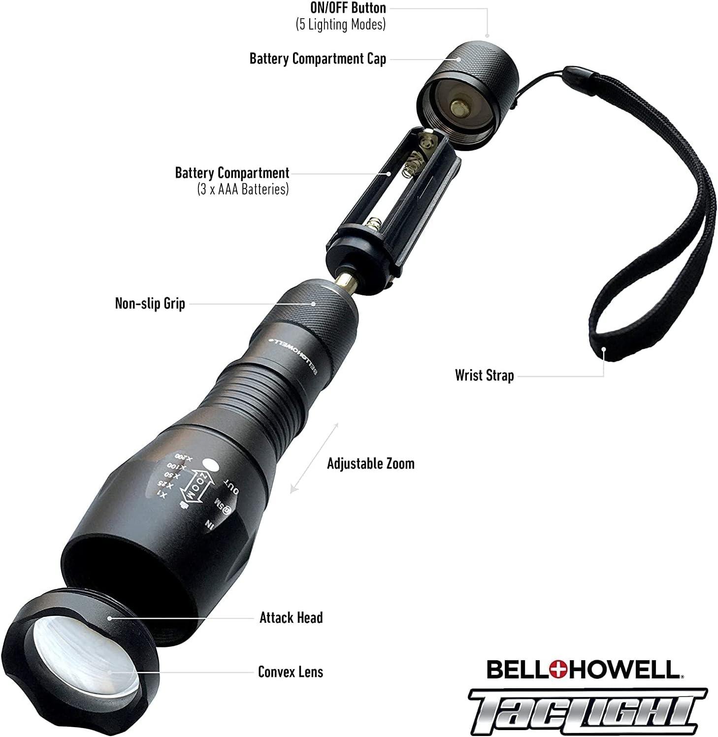 Bell+Howell TacLight Bright led Flashlight Tactical Flashlights Zoom Function 5 Modes 100,000 Hour Bulb Water Resistant Durable Mini Flashlight 5.4” x 1.6” Battery Powered 3X AAA