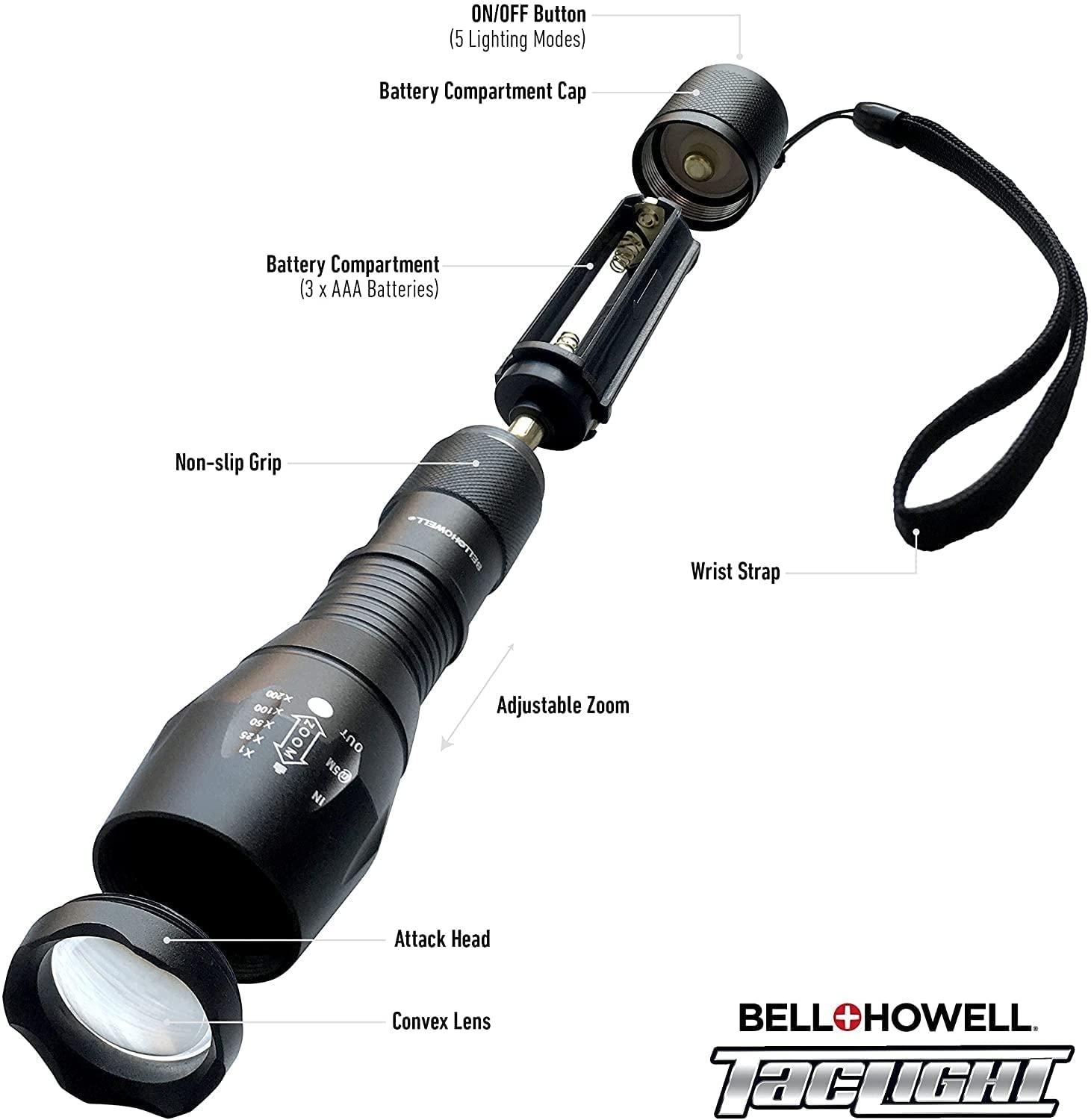 Bell+Howell TacLight Bright led Flashlight Tactical Flashlights Zoom Function 5 Modes 100,000 Hour Bulb Water Resistant Durable Mini Flashlight 5.4” x 1.6” Battery Powered 3X AAA