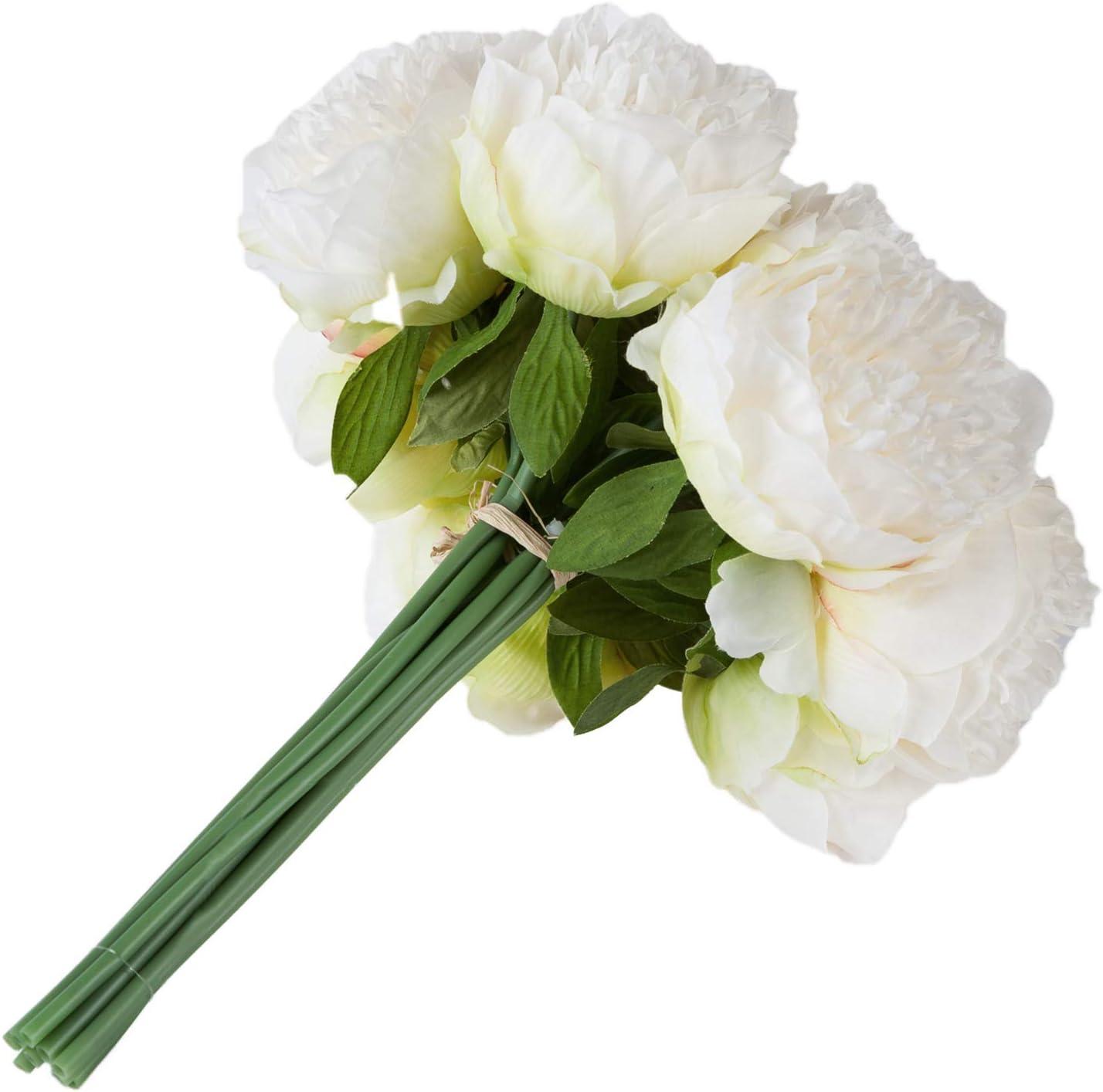 2 Bouquet 10 Heads Artificial Peony Silk Flower Leaf Home Office Wedding Party Festival Bar Decor (Cream White)