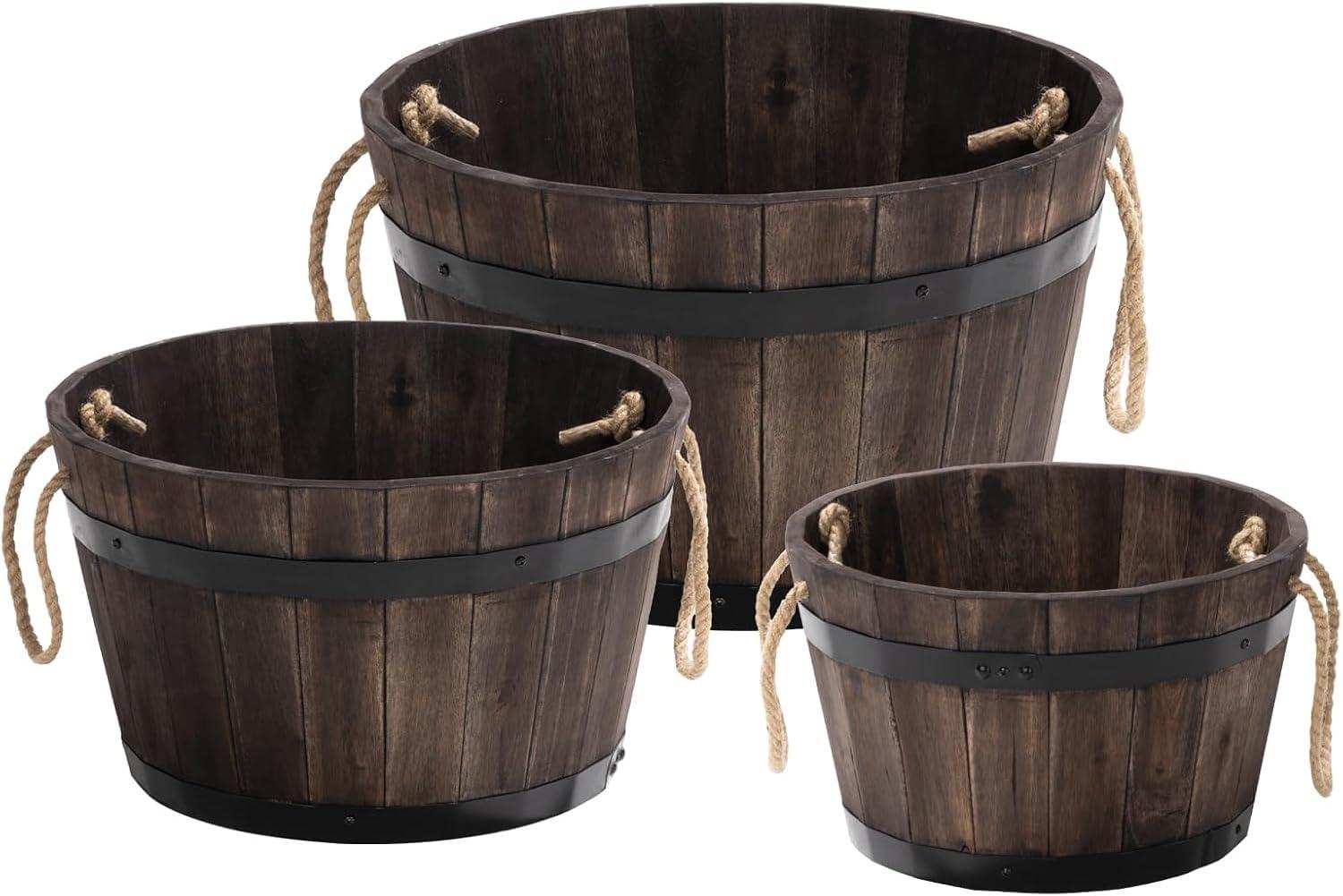 Set of 3 Dark Brown Acacia Wood Round Planter Boxes with Rope Handles