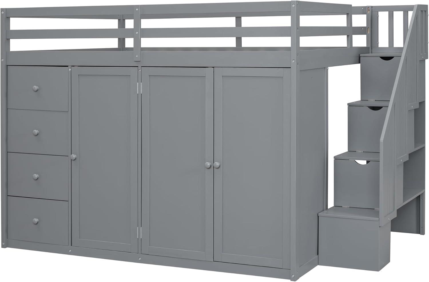 Quarte Multifunctional Loft Bed, Full Size Loft Bed with Built-in Wardrobes, Cabinets and Drawers for Kids Teens Adults, No Box Spring Required (Gray/Pine3, Full)