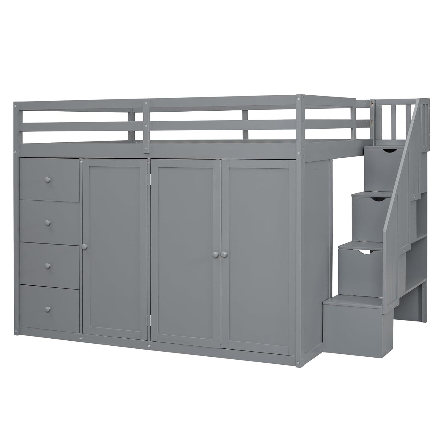 Quarte Multifunctional Loft Bed, Full Size Loft Bed with Built-in Wardrobes, Cabinets and Drawers for Kids Teens Adults, No Box Spring Required (Gray/Pine3, Full)