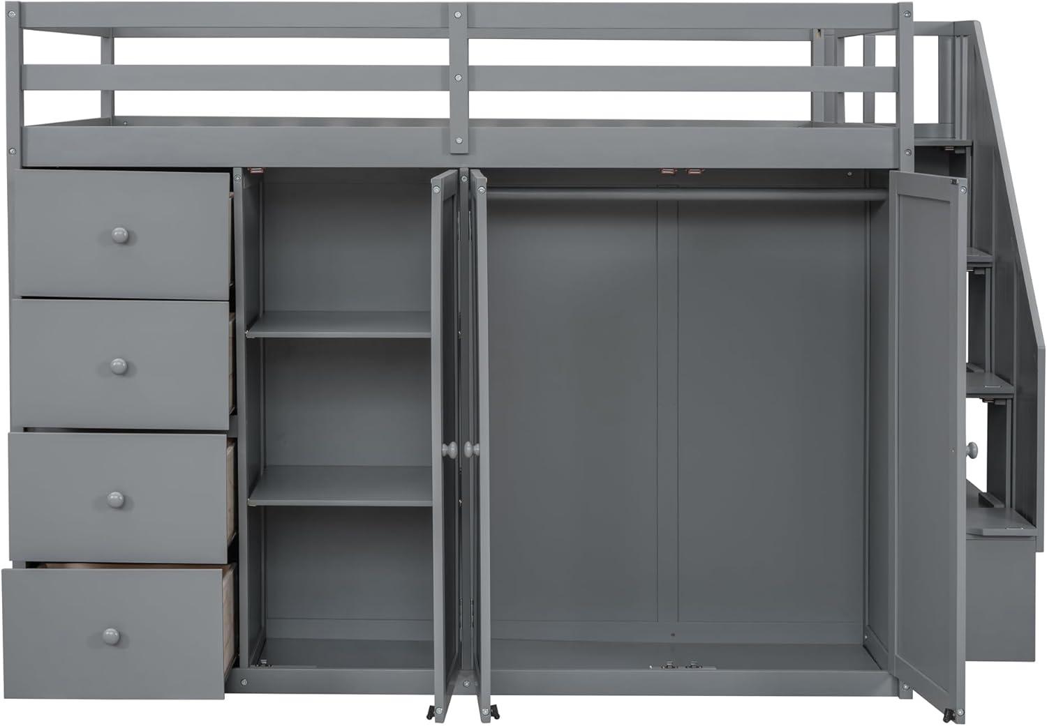 Quarte Multifunctional Loft Bed, Full Size Loft Bed with Built-in Wardrobes, Cabinets and Drawers for Kids Teens Adults, No Box Spring Required (Gray/Pine3, Full)