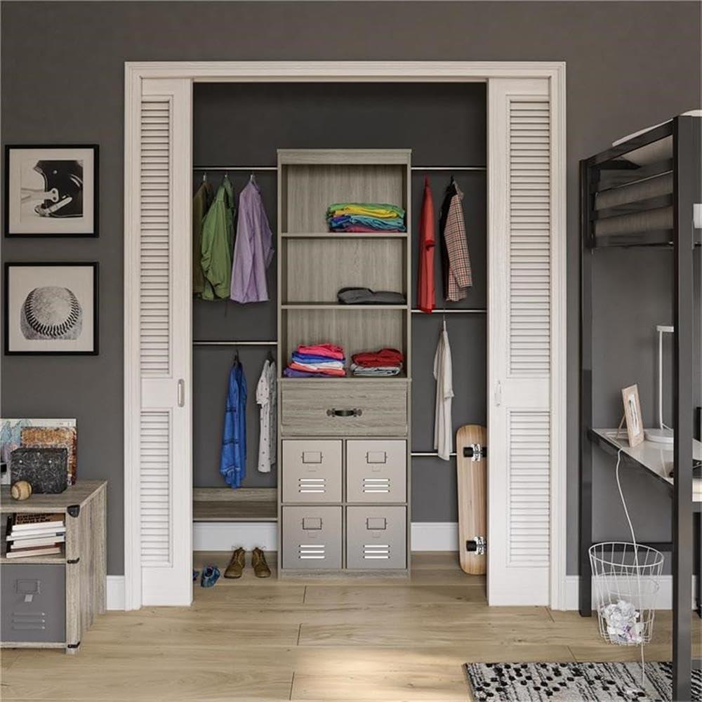 Gray Oak Adjustable Kids' Closet Organizer with Drawer and Shelves