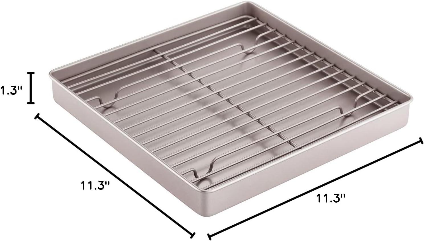 CHEFMADE Roasting Pan with Rack, 11-inch Non-Stick Square Shallow Dish Sheet Pan with Wire Rack for Oven Baking, BBQ and Roasting 11.2" x 11.2" x 1.4" (Champagne Gold)
