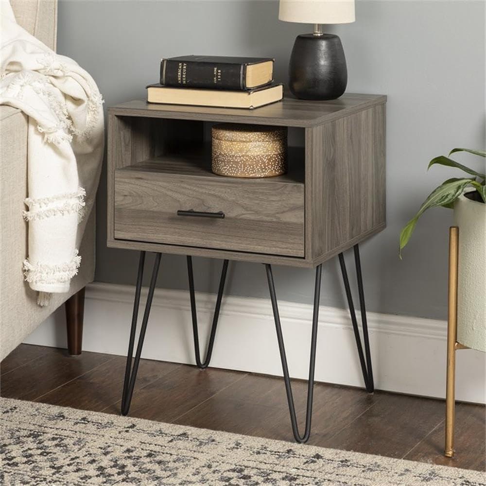 18" Modern Single Drawer Hairpin Leg Bedroom Nightstand in Slate Gray