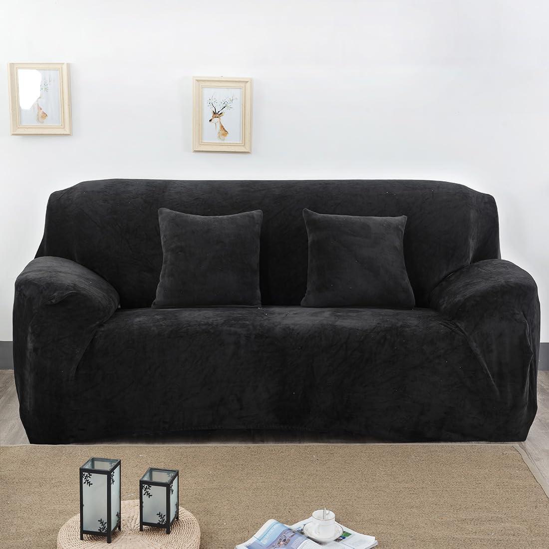 Black Velvet Plush Stretch Sofa Slipcover for 4-Seater