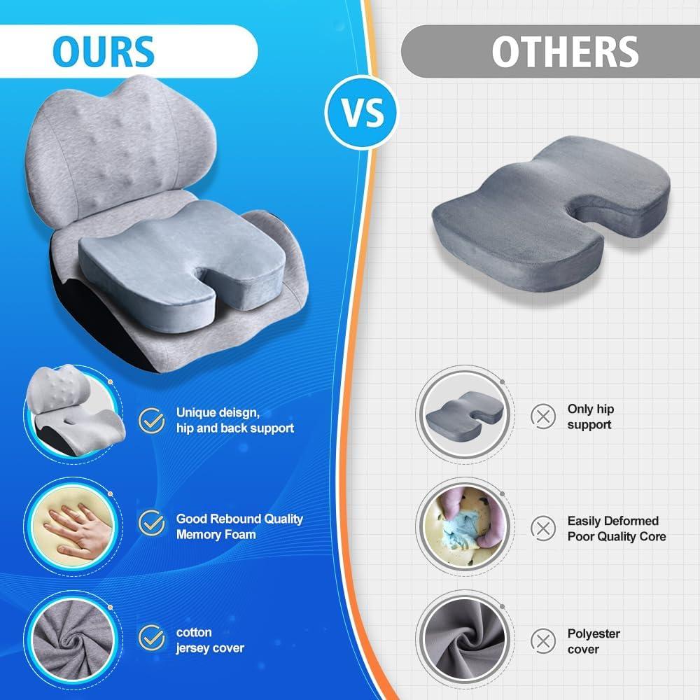 X Large Memory Foam Seat Cushion Lumbar Support Pillow for Sciatica & Tailbone Pressure Relief Coccyx Pad for Office Chair, Car,Wheelchair,Home,Office