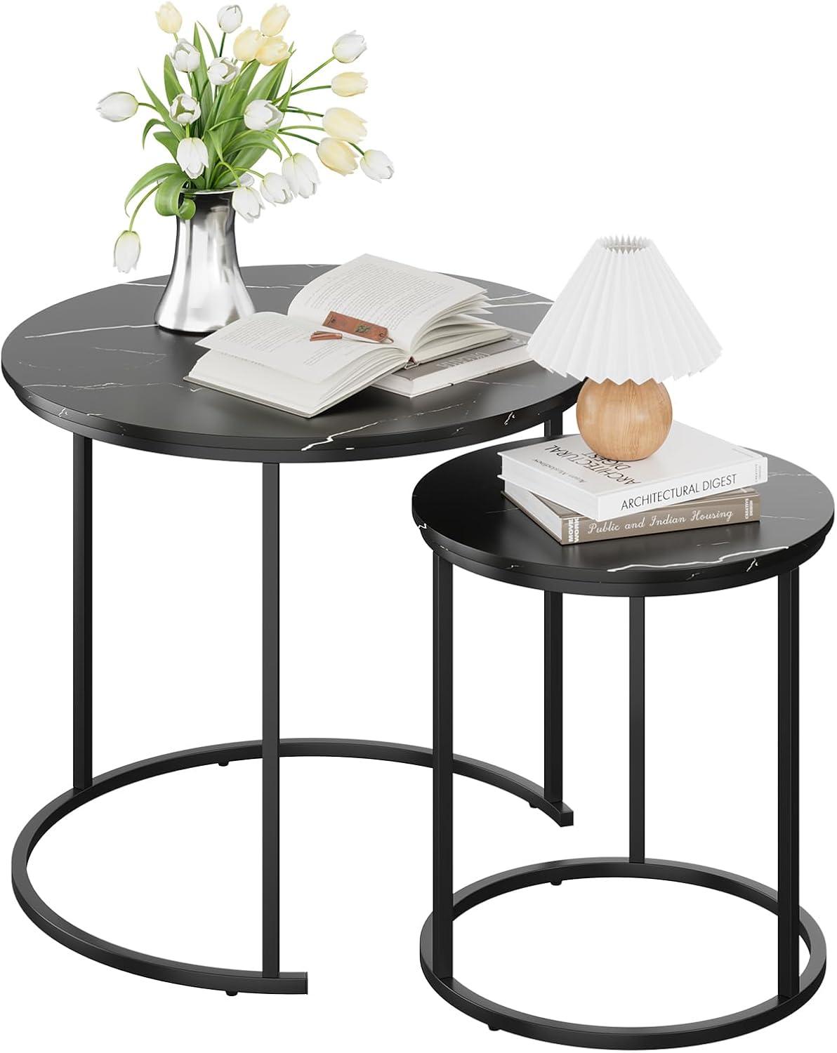 Yesfashion Nesting Coffee Table Set Of 2, 27.6" Round Coffee Table Wood Top With Sturdy Metal Frame, End Table Side Tables For Living Room Bedroom Balcony Yard