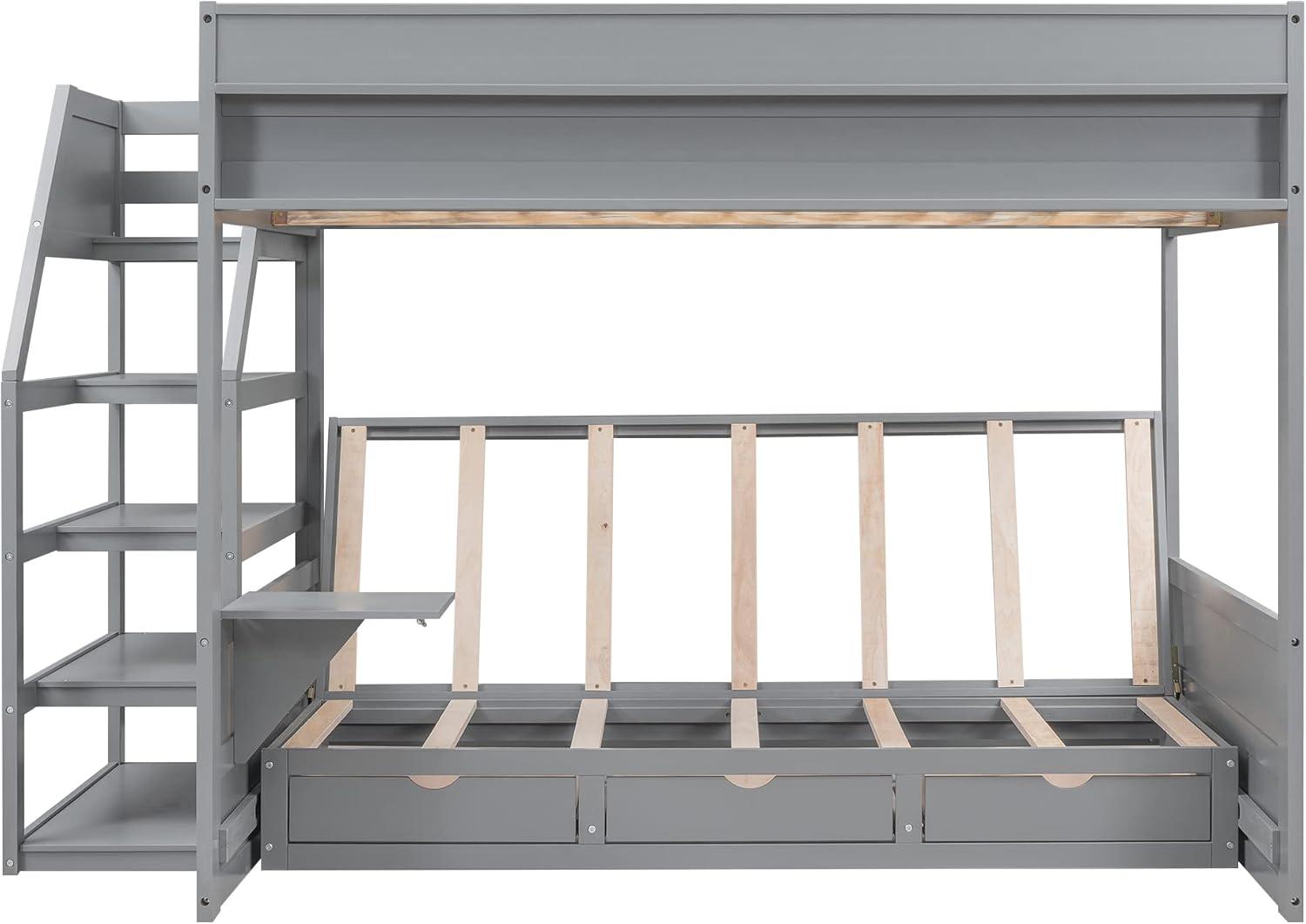 Harper & Bright Designs Full Over Full/Futon Bunk Beds with Stairs and 3 Drawers, Built-in Shelf, Bottom Bed can be Converted into Daybed, Solid Wood Bunk Bed Frame - Gray