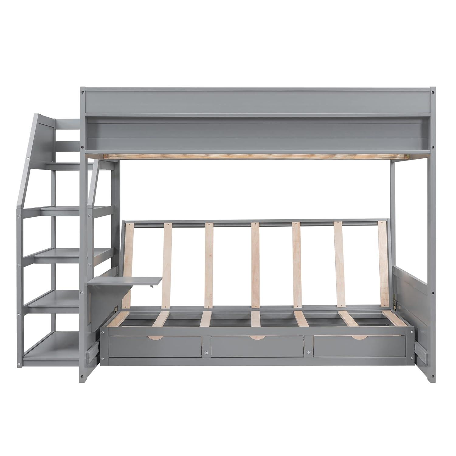 Harper & Bright Designs Full Over Full Bunk Beds with Stairs and Small Shelf, Wood Convertible Bunk Bed can be Converted into Daybed (Gray)