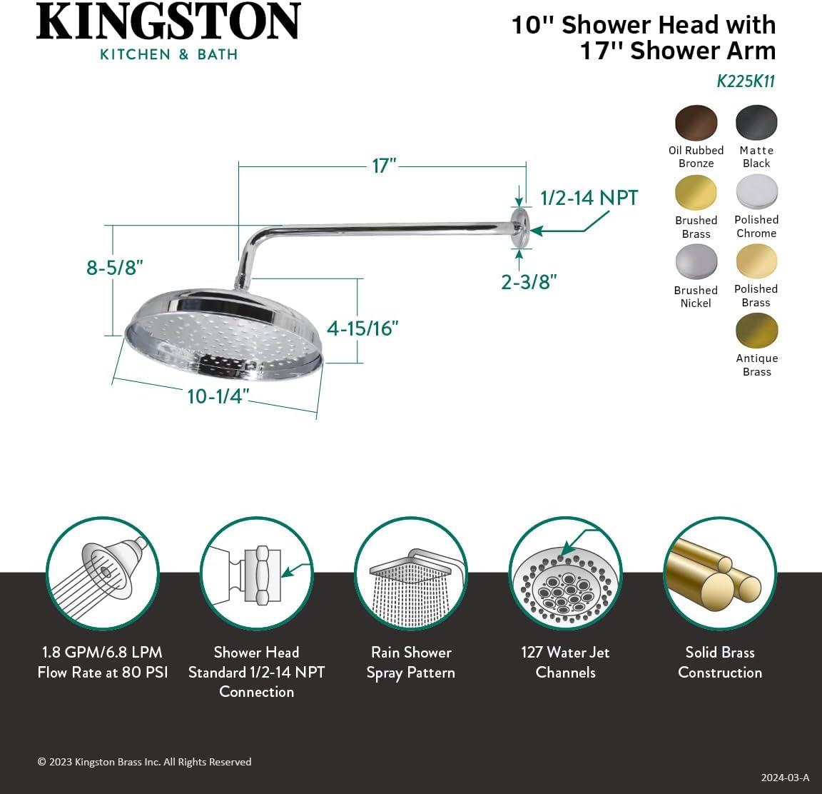 Kingston Brass Shower Scape 10-Inch Round Raindrop Brass Shower Head with 17-Inch Shower Arm