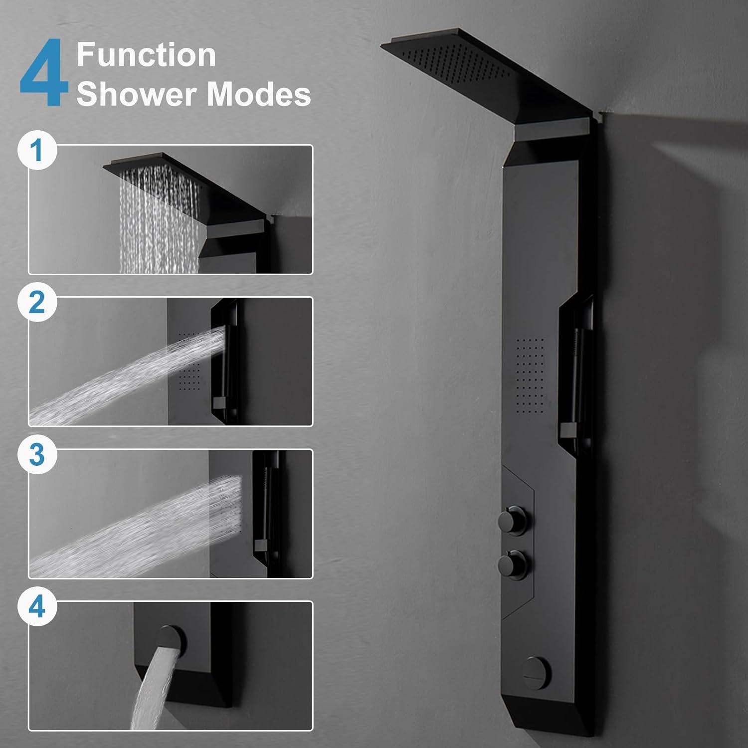 Matte Black Stainless Steel Shower Tower with Rainfall Head and Body Jets