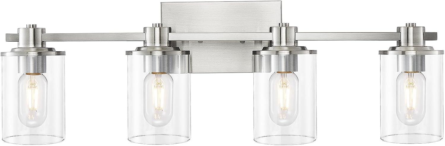 Brushed Nickel 4-Light Bathroom Vanity Fixture with Clear Glass Shades