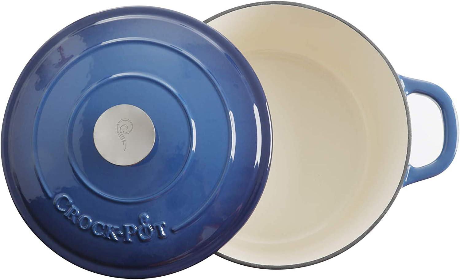 Crock-Pot 5 Quart Round Enamel Cast Iron Covered Dutch Oven Food Cooker, Blue